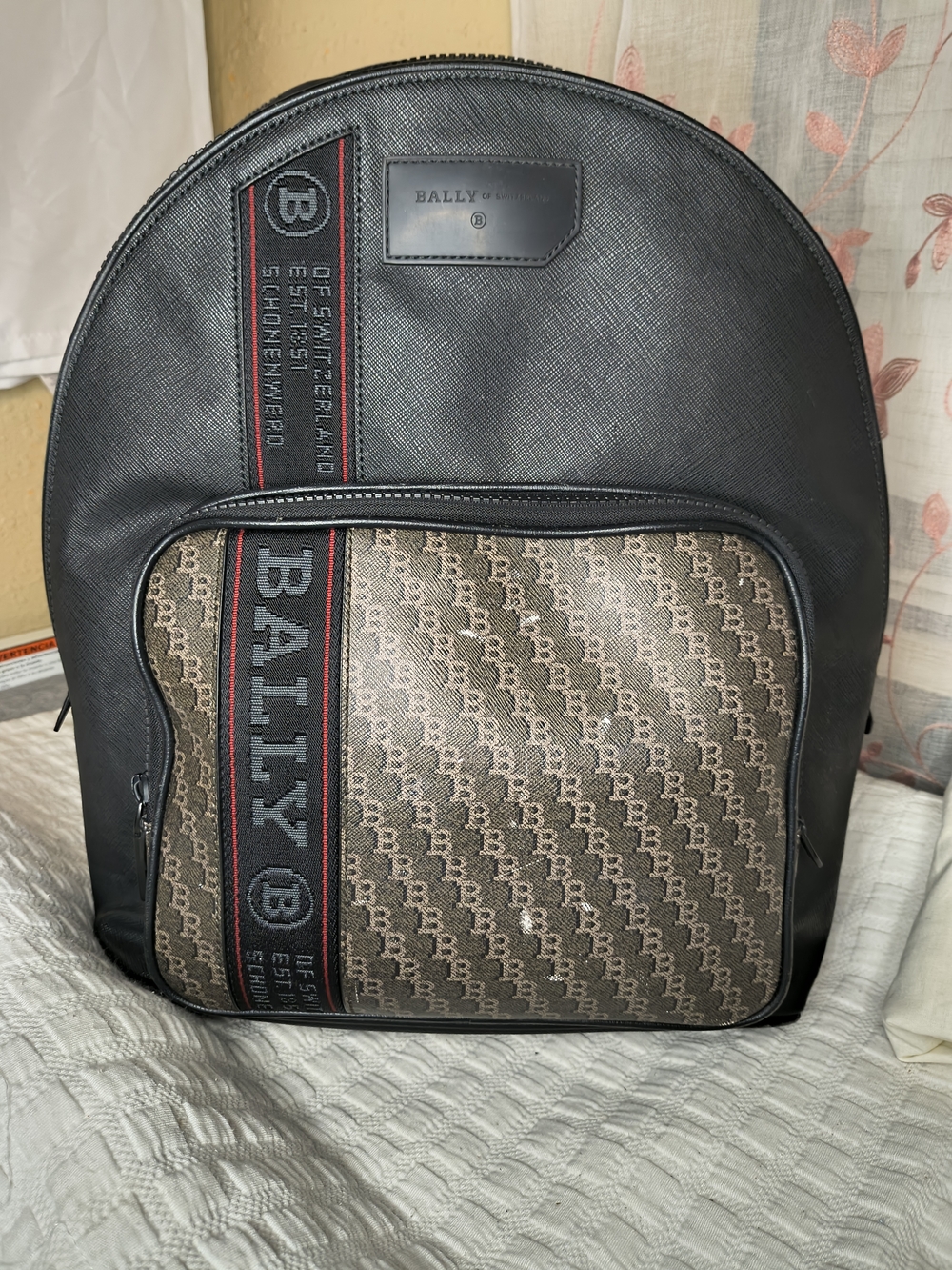 Bally Black leather backpack with brown monogram panel